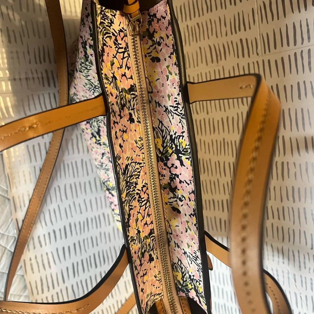 Tory Burch Pink Floral Tote with Tan Leather Trim